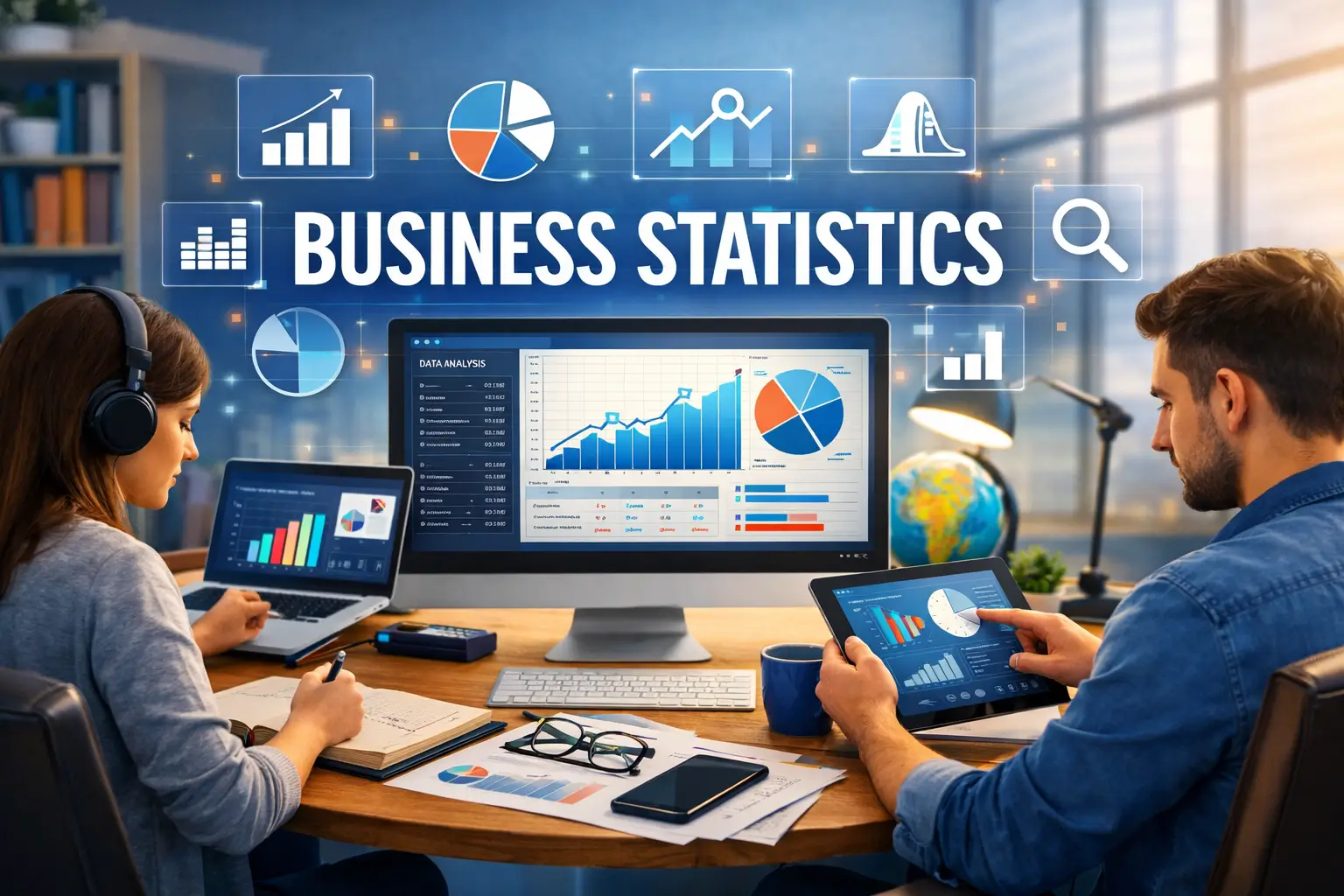 High-quality educational image for Business Statistics course showing data analysis and learning visuals