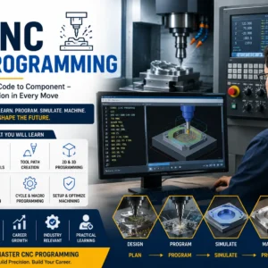 Educational banner for CNC Programming course with machine and coding visuals