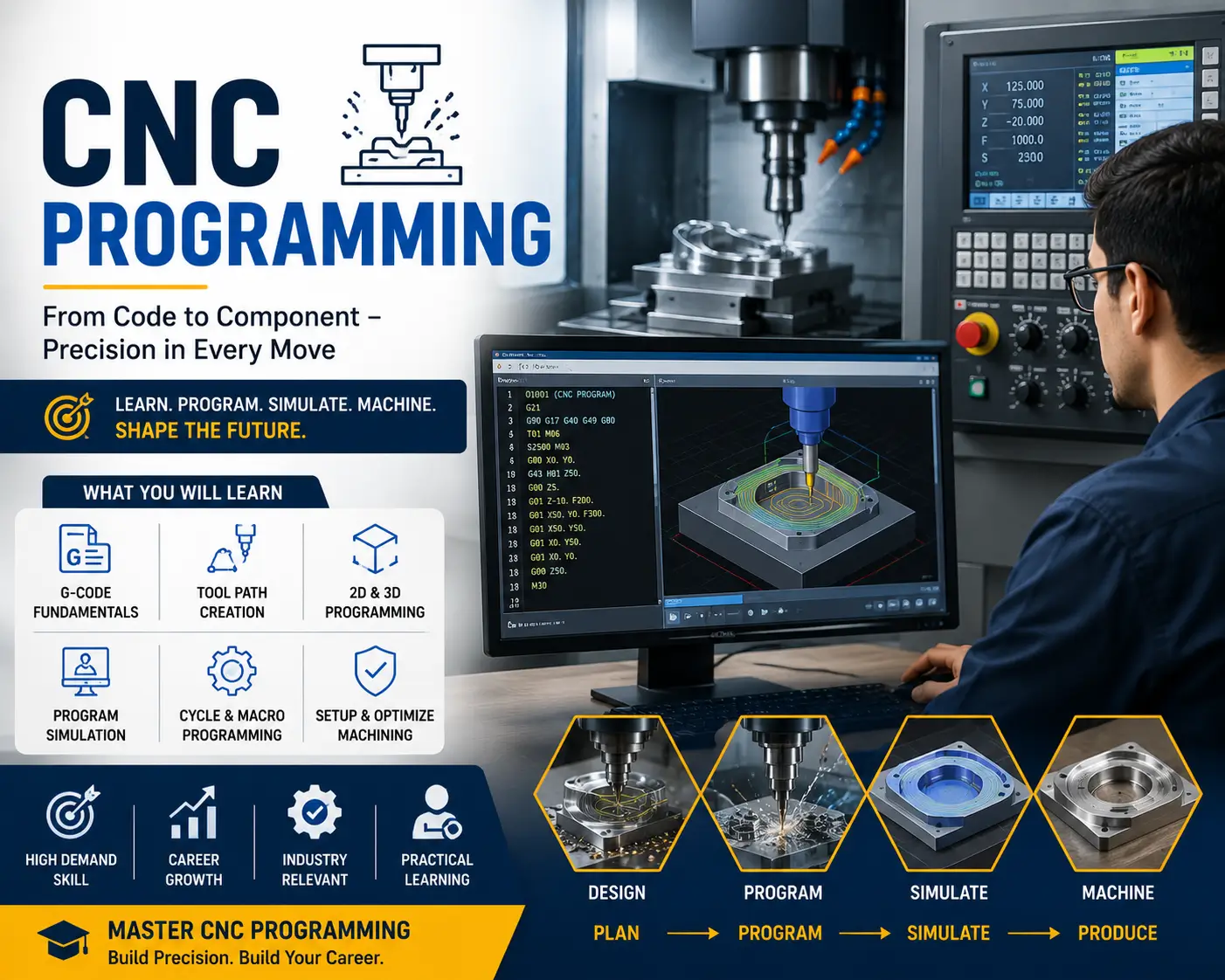Educational banner for CNC Programming course with machine and coding visuals