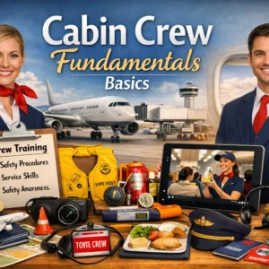 Educational course image for Cabin Crew Fundamentals Basics with flight crew and aviation visuals