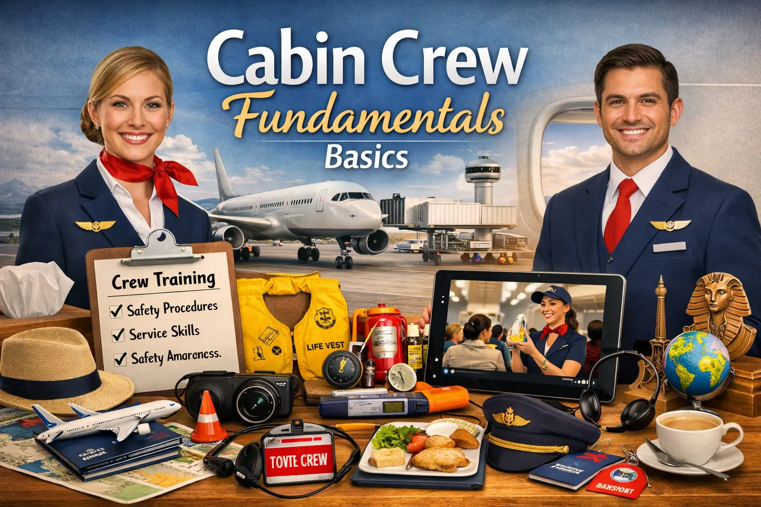 Educational course image for Cabin Crew Fundamentals Basics with flight crew and aviation visuals