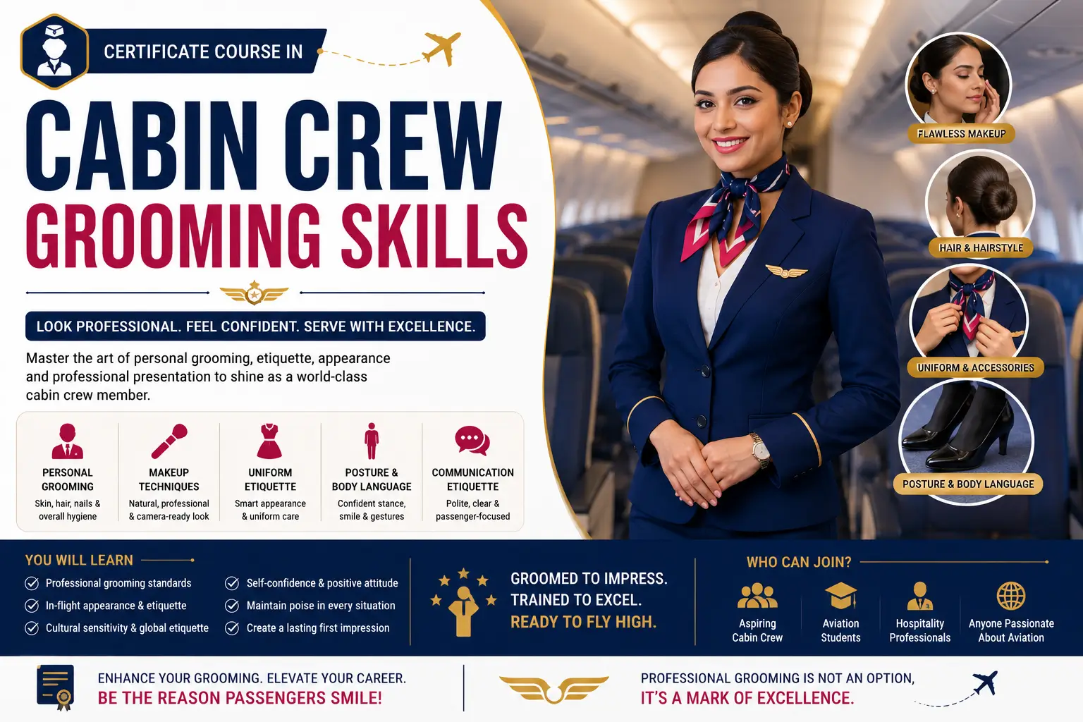 Professional Cabin Crew Grooming Skills course image with airline and grooming visuals
