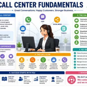 Educational banner for Call Center Fundamentals course showing customer support and communication visuals