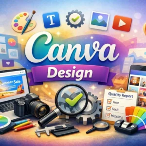 Educational banner for Canva Design course with creative tools and design visuals