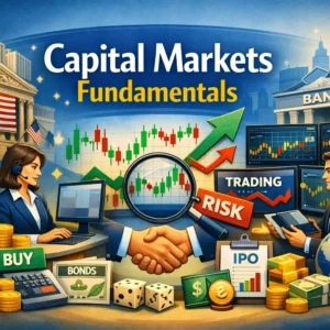 Capital Markets Fundamentals course image with trading screens, stock charts, and financial market visuals