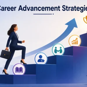 Modern educational banner for Career Advancement Strategies course with workplace visuals