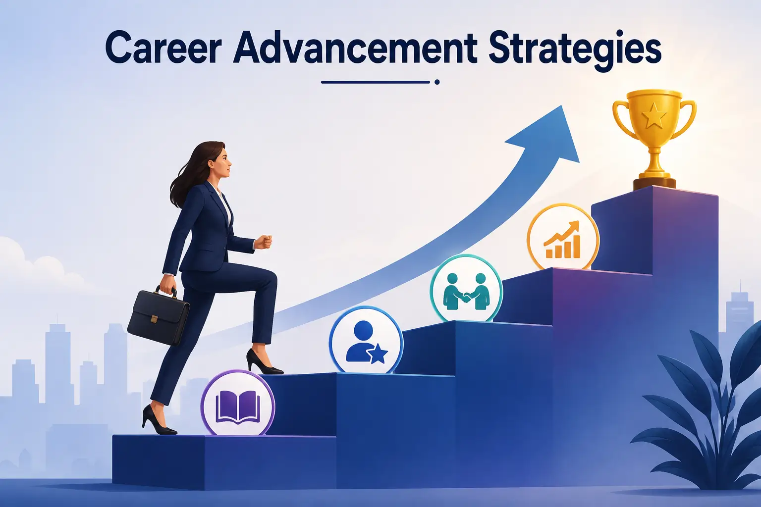 Modern educational banner for Career Advancement Strategies course with workplace visuals