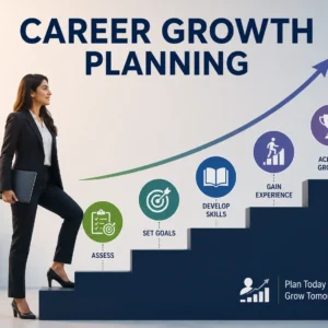 Modern educational banner for Career Growth Planning course with workplace visuals