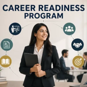 Modern educational banner for Career Readiness Program course with workplace visuals