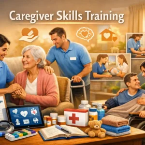 Professional Caregiver Skills Training course image with caregivers assisting elderly and patients