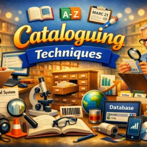 Educational banner for Cataloguing Techniques course with library and catalog visuals