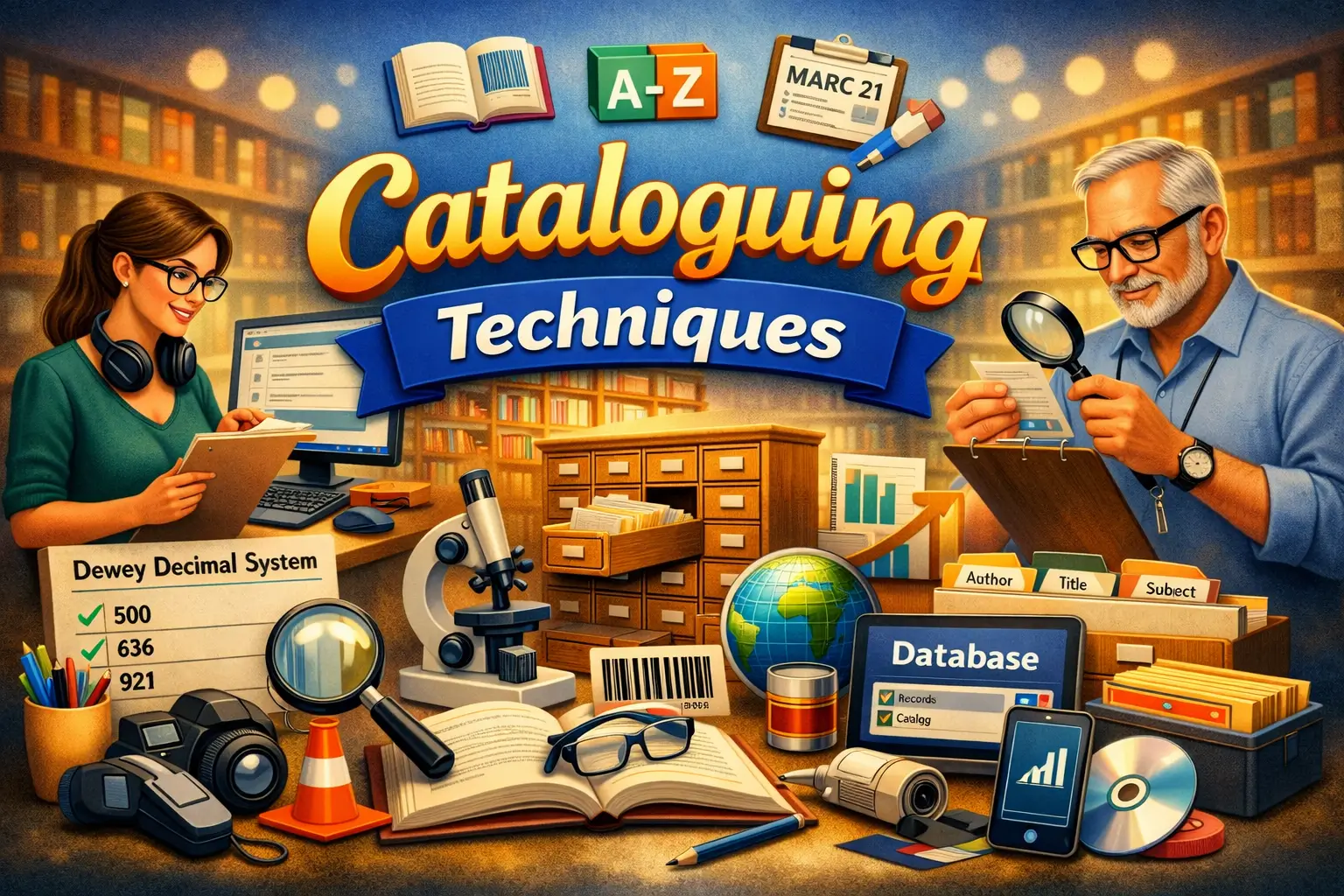 Educational banner for Cataloguing Techniques course with library and catalog visuals