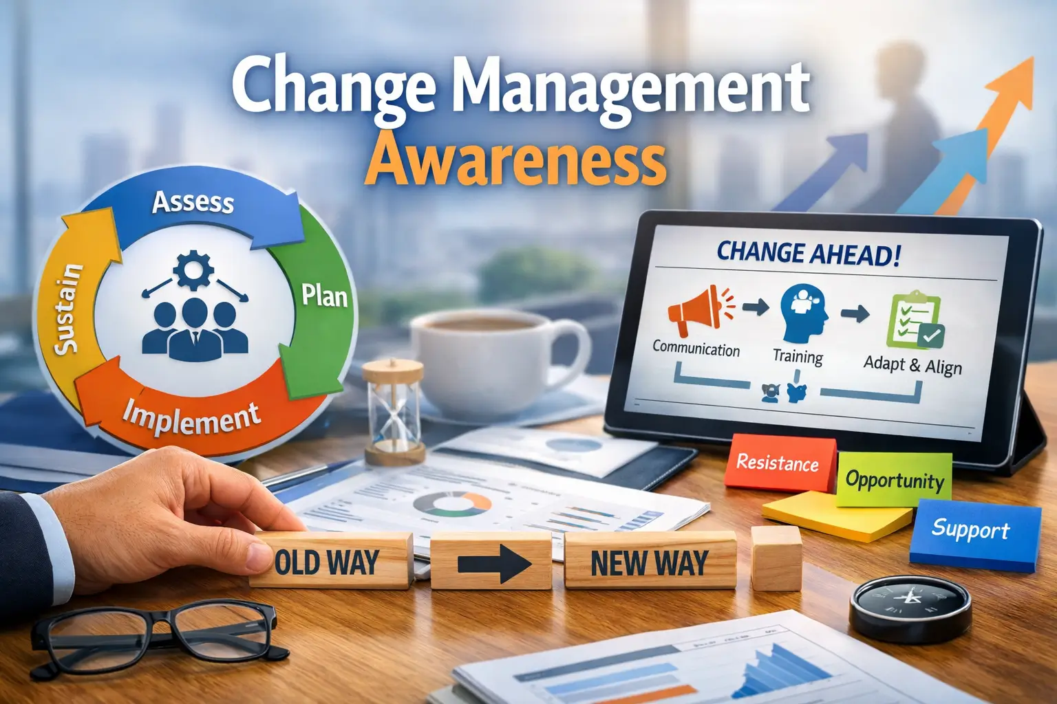 Educational course image for Change Management Awareness with workplace visuals