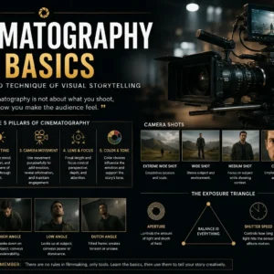 Professional Cinematography Basics course image with cameras, lights, and film visuals