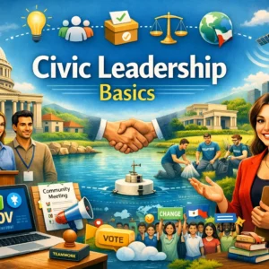 Educational banner for Civic Leadership Basics course showing leaders, volunteers, and city governance