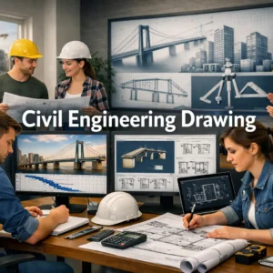 Civil Engineering Drawing course showing students creating technical drawings and CAD models