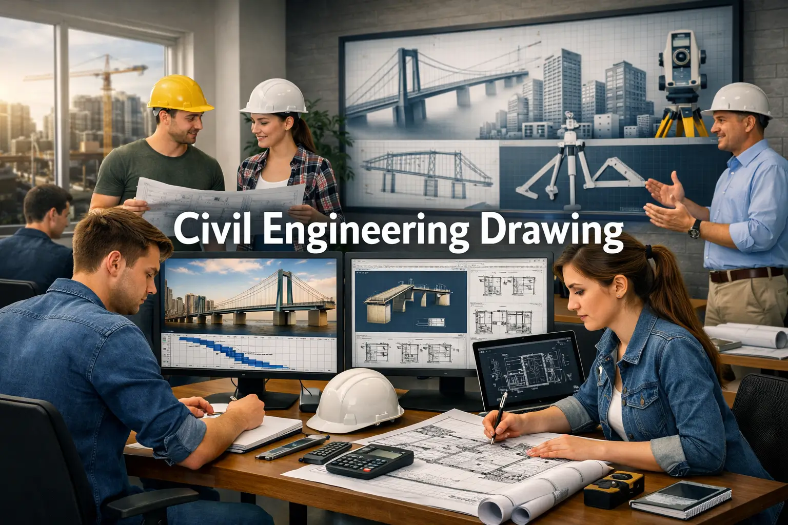 Civil Engineering Drawing course showing students creating technical drawings and CAD models