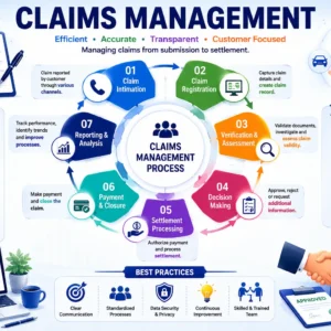 Educational banner showing Claims Management with insurance forms, workflow diagrams, and customer support visuals