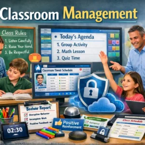 Educational banner showing Classroom Management with teacher guiding students and digital learning tools