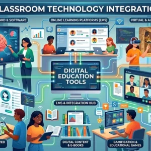 Educational banner showing Classroom Technology Integration with smart boards, tablets, and collaborative learning visuals