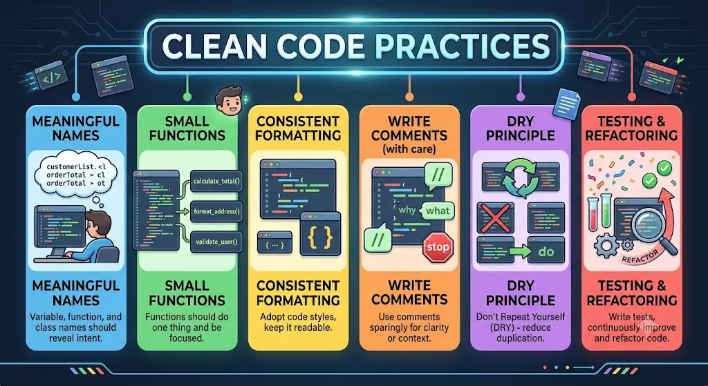 Professional course image for Clean Code Practices with coding visuals