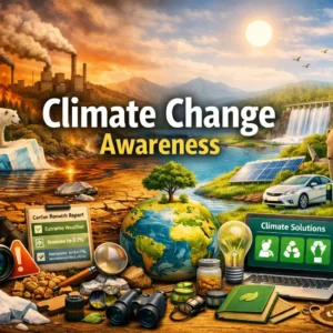 Educational course image for Climate Change Awareness showing global warming and renewable energy visuals