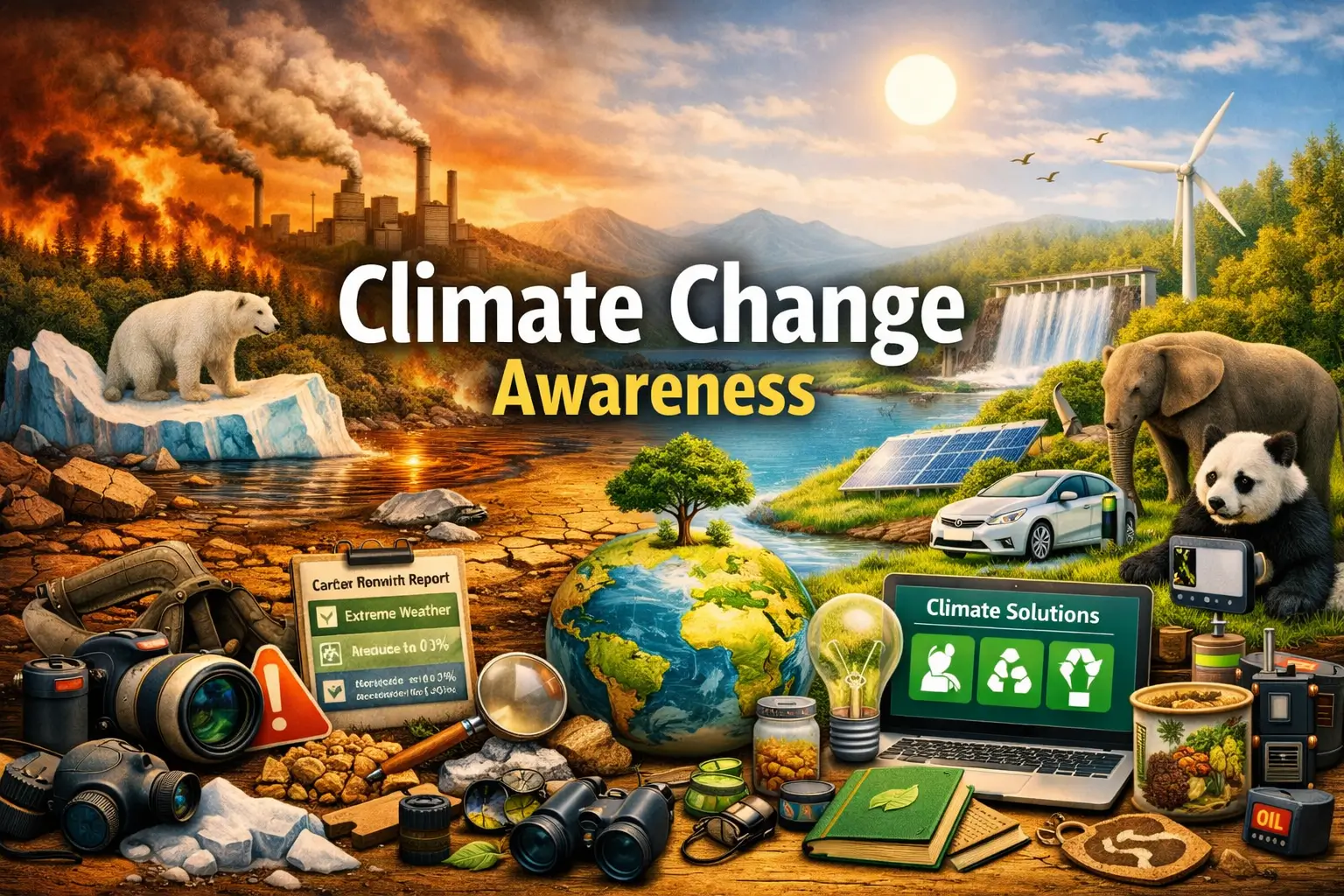 Educational course image for Climate Change Awareness showing global warming and renewable energy visuals