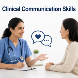 Clinical Communication Skills course banner showing healthcare professionals engaged in patient-centered communication.