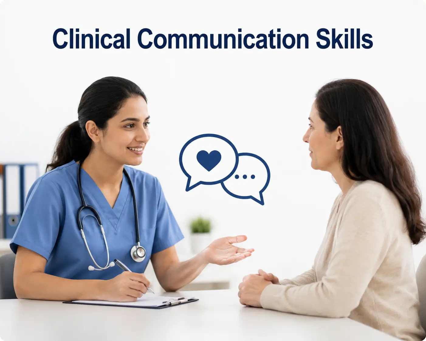 Clinical Communication Skills course banner showing healthcare professionals engaged in patient-centered communication.