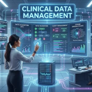 Educational course image for Clinical Data Management with healthcare and data visuals