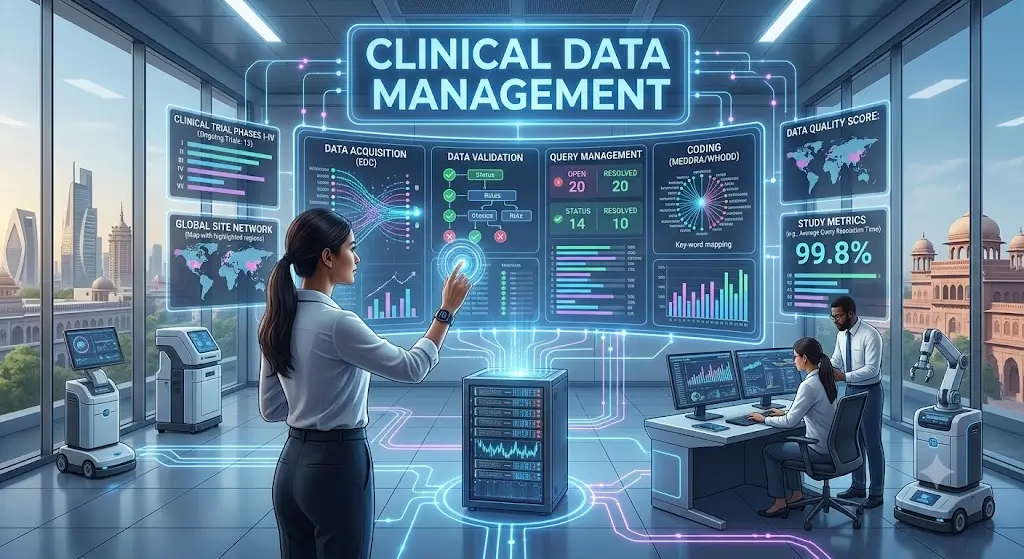 Educational course image for Clinical Data Management with healthcare and data visuals