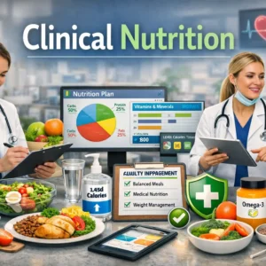 Educational banner showing Clinical Nutrition with dietitian consulting patient and balanced meal visuals