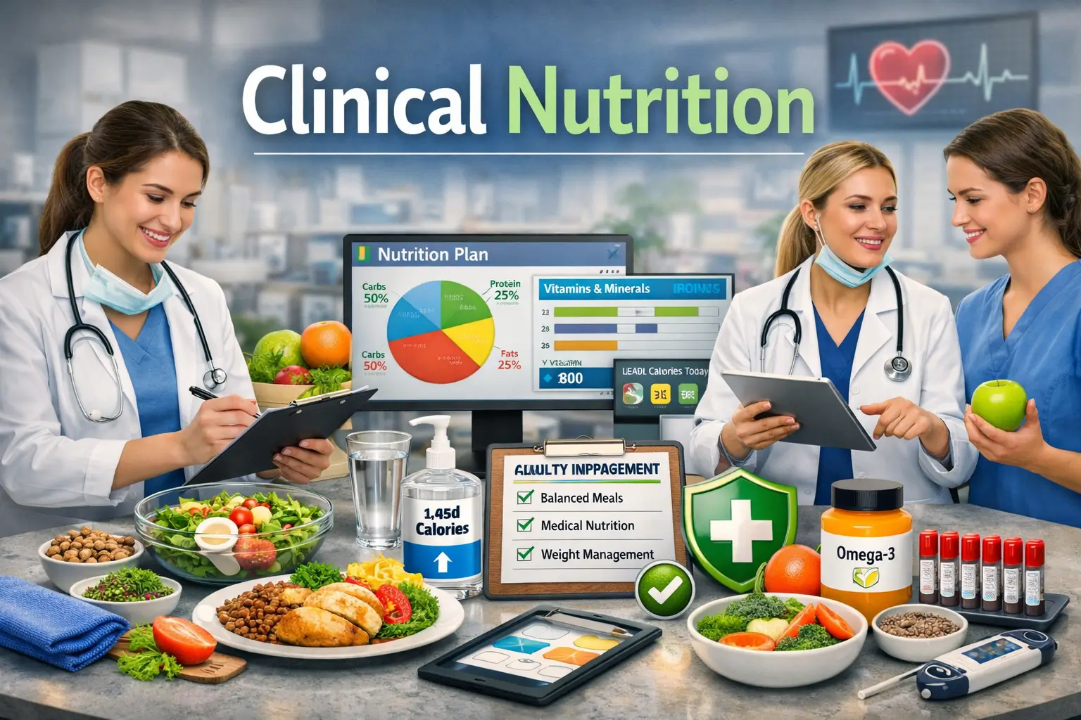 Educational banner showing Clinical Nutrition with dietitian consulting patient and balanced meal visuals