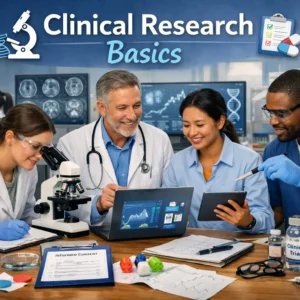 Clinical Research Basics course showing scientists conducting lab experiments and data analysis