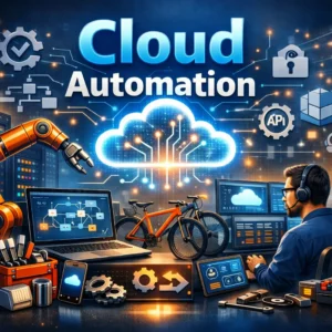 Cloud Automation course image with servers, robotic arm, and technology visuals