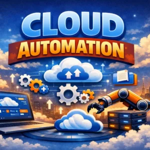 Professional widescreen course image for Cloud Automation with cloud servers and automation visuals