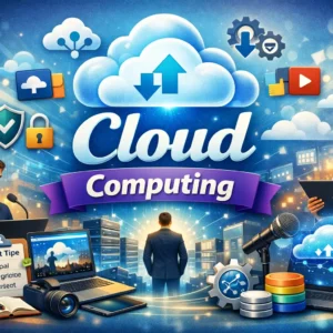 Educational banner for Cloud Computing course with cloud servers and data visuals