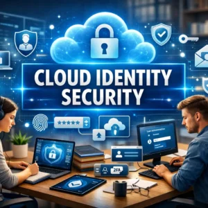 High-quality educational image for Cloud Identity Security course showing cloud authentication and data protection