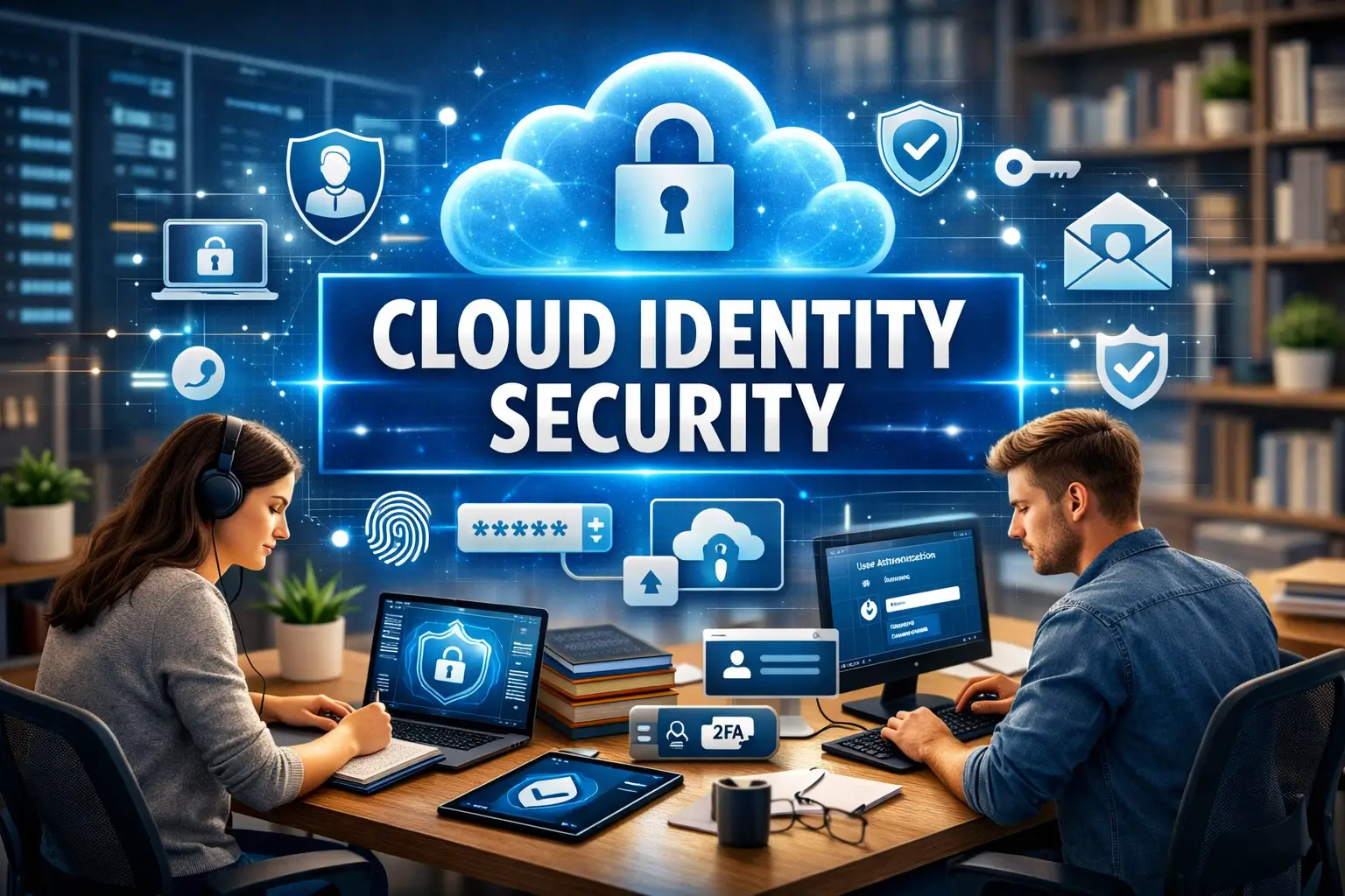 High-quality educational image for Cloud Identity Security course showing cloud authentication and data protection