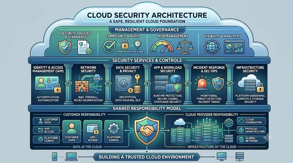 Educational banner for Cloud Security Architecture course with cloud and cybersecurity visuals