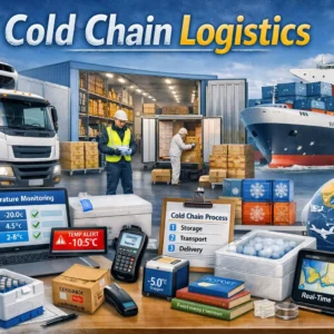 Educational banner showing Cold Chain Logistics with refrigerated trucks, cold storage, and supply chain visuals