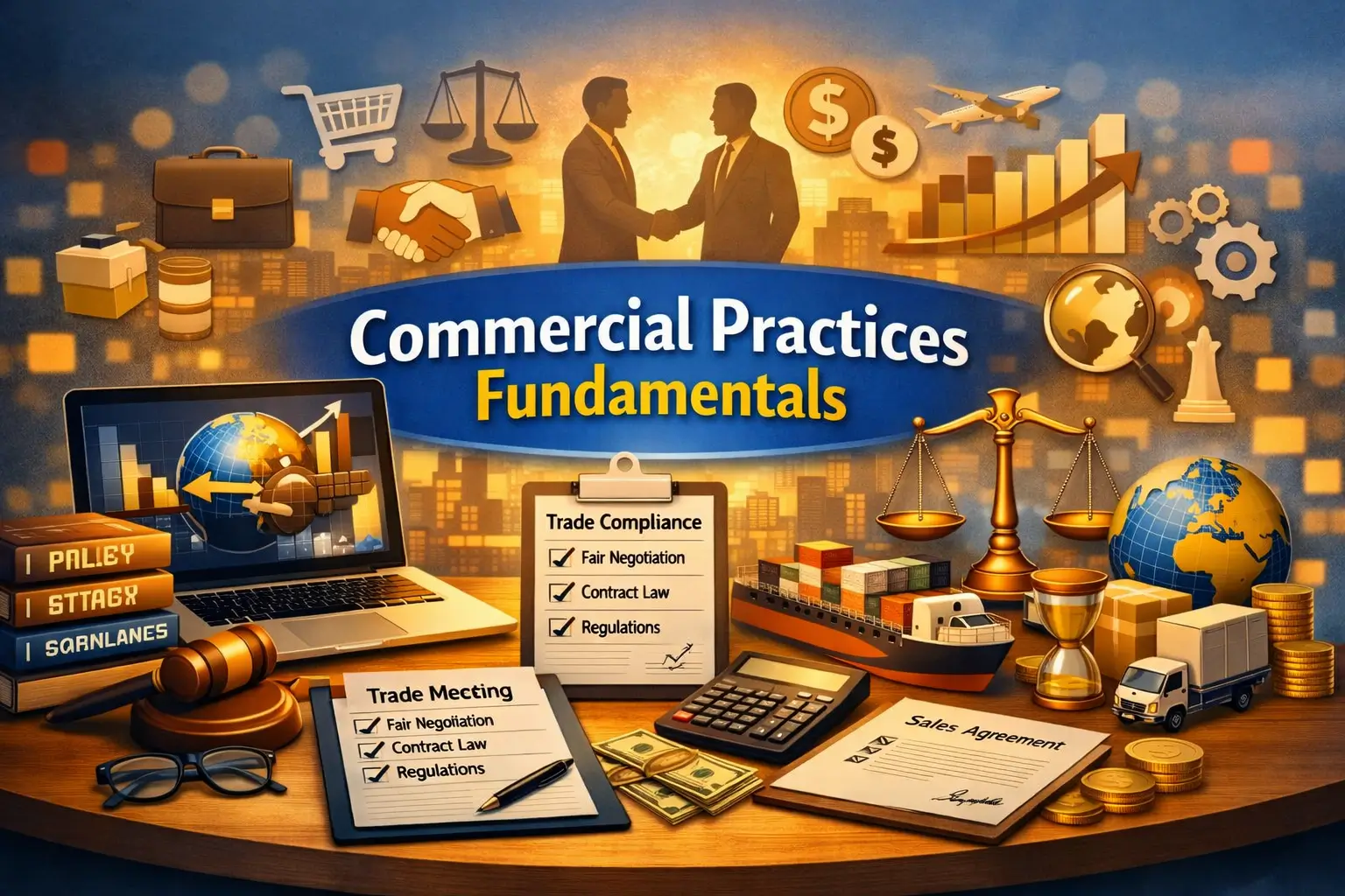 Commercial Practices Fundamentals course image showing trade, compliance, and business visuals
