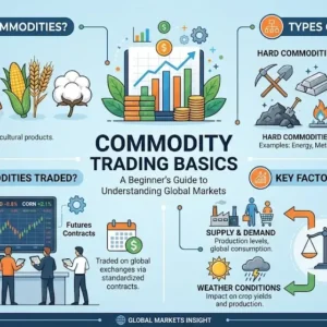 Educational banner showing Commodity Trading Basics with gold, oil, agriculture, and trading charts