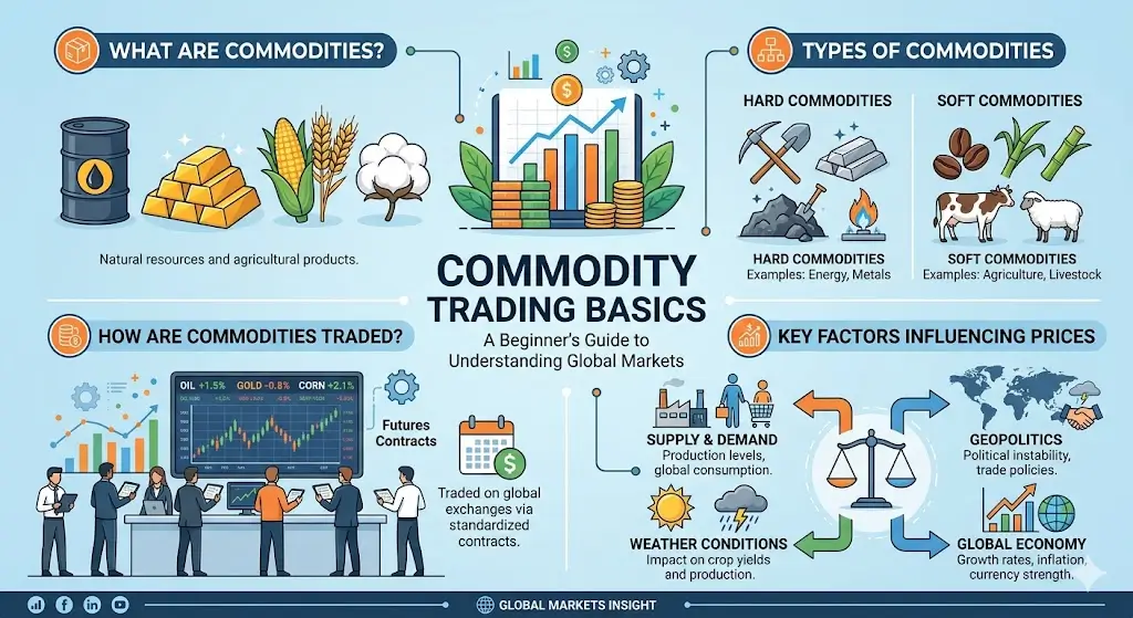 Educational banner showing Commodity Trading Basics with gold, oil, agriculture, and trading charts