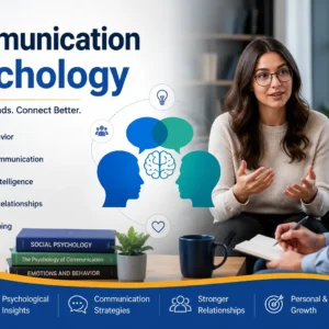 Communication Psychology course image with brain, speech, and workplace visuals