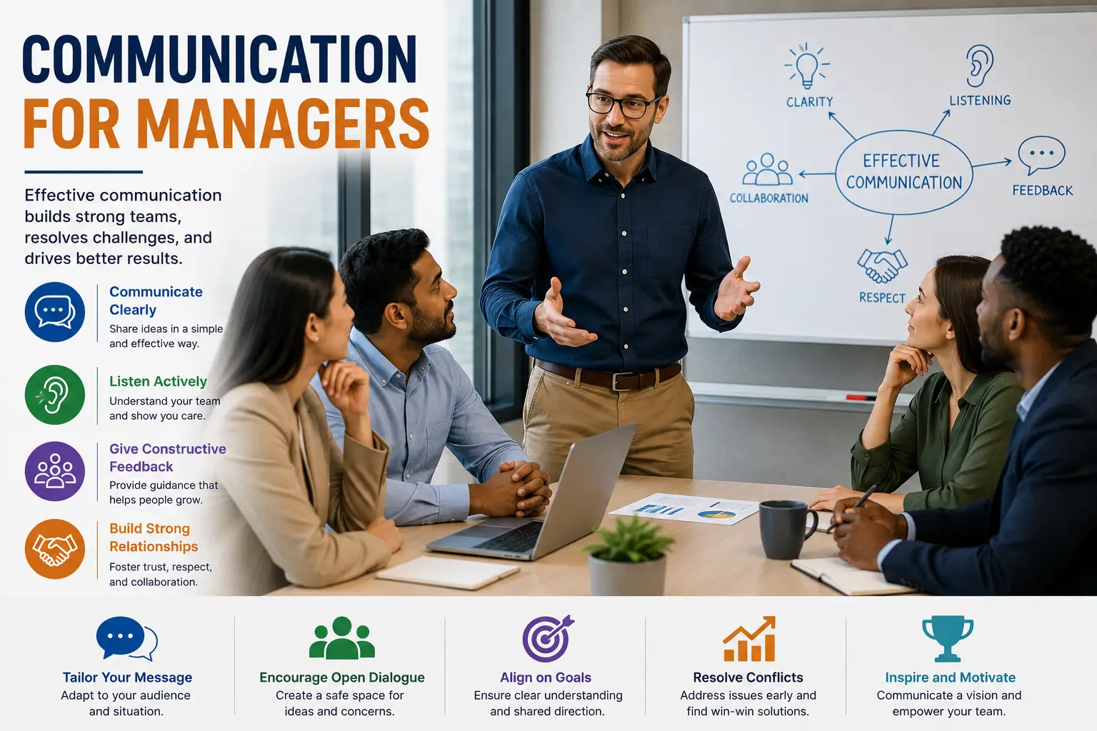 Professional course image for Communication for Managers with workplace visuals