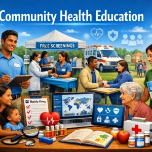 Professional Community Health Education course image with outdoor health workshop visuals