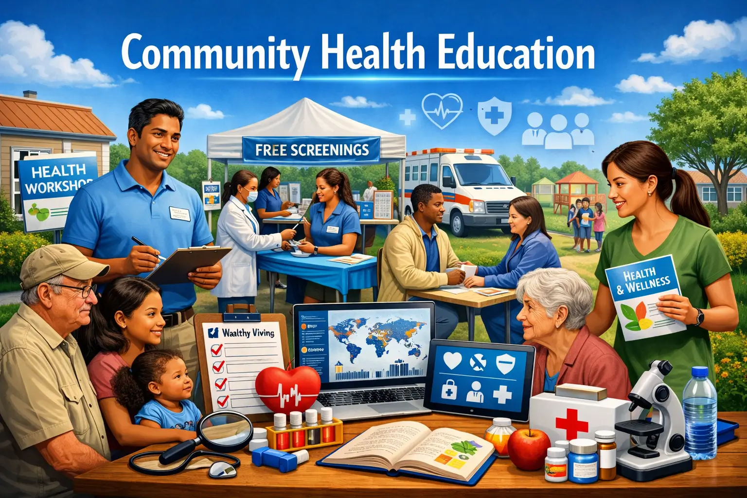 Professional Community Health Education course image with outdoor health workshop visuals