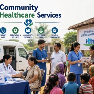 Educational banner showing community healthcare services with doctors, nurses, and outreach programs in local communities