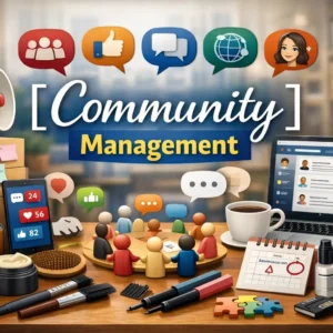Educational banner for Community Management course with teamwork and communication visuals